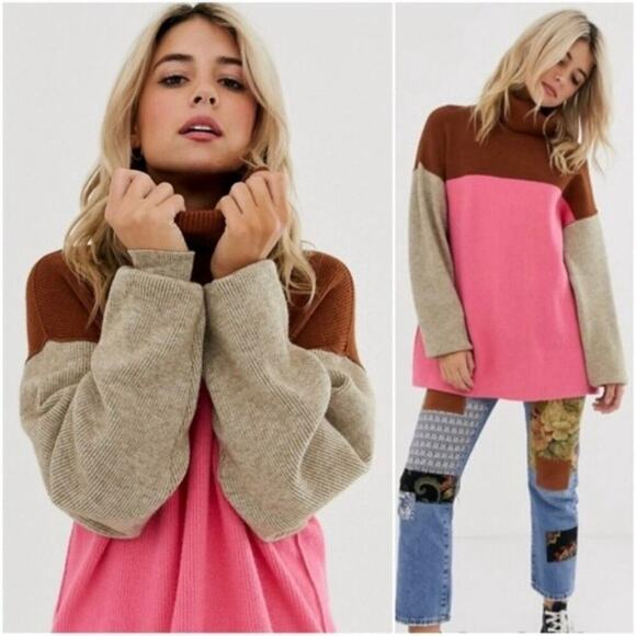 Free People Softly Structured Colorblock Oversized Turtleneck Sweater Medium - Picture 2 of 11